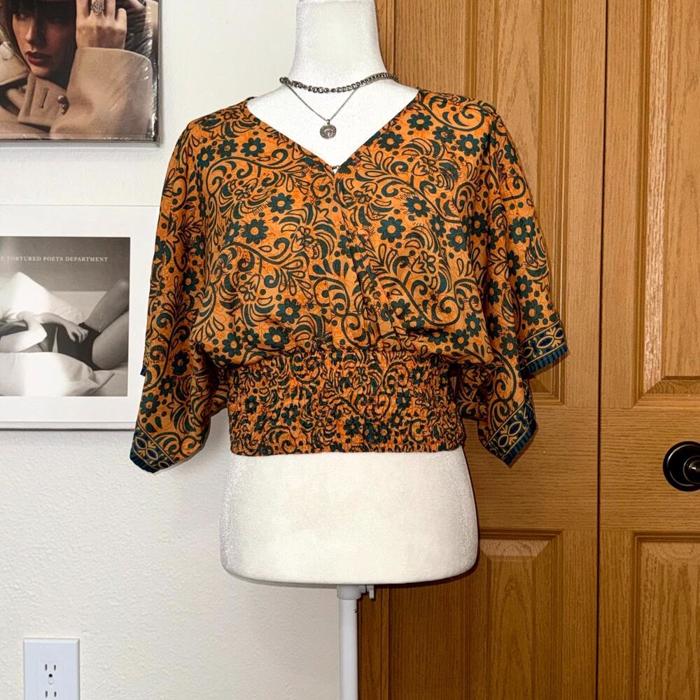 Masala Crop Top Womens Small Orange Floral Smocked Waist Kimono Sleeve Boho